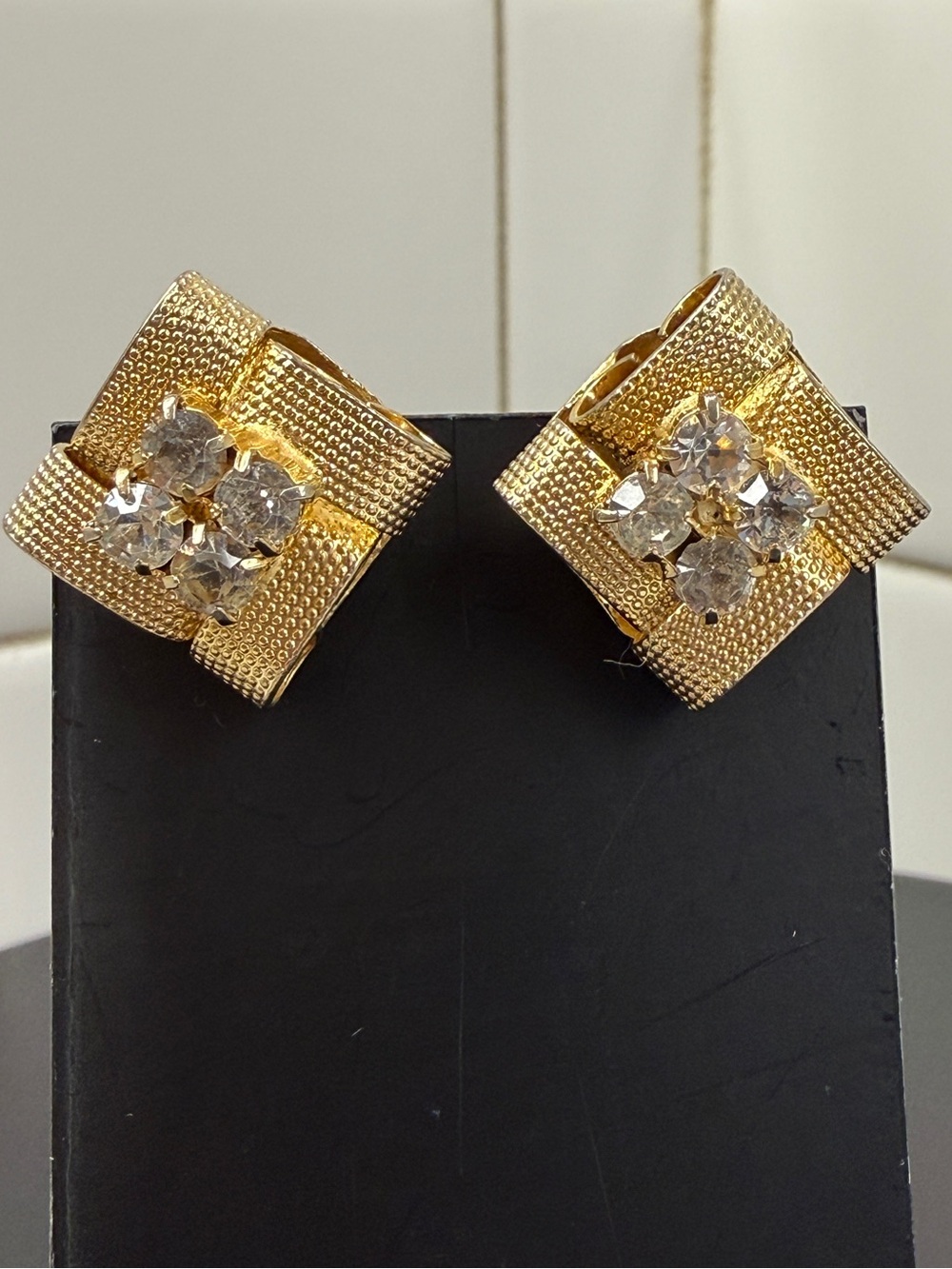 Gold Crystal Flower Clip-On Earrings